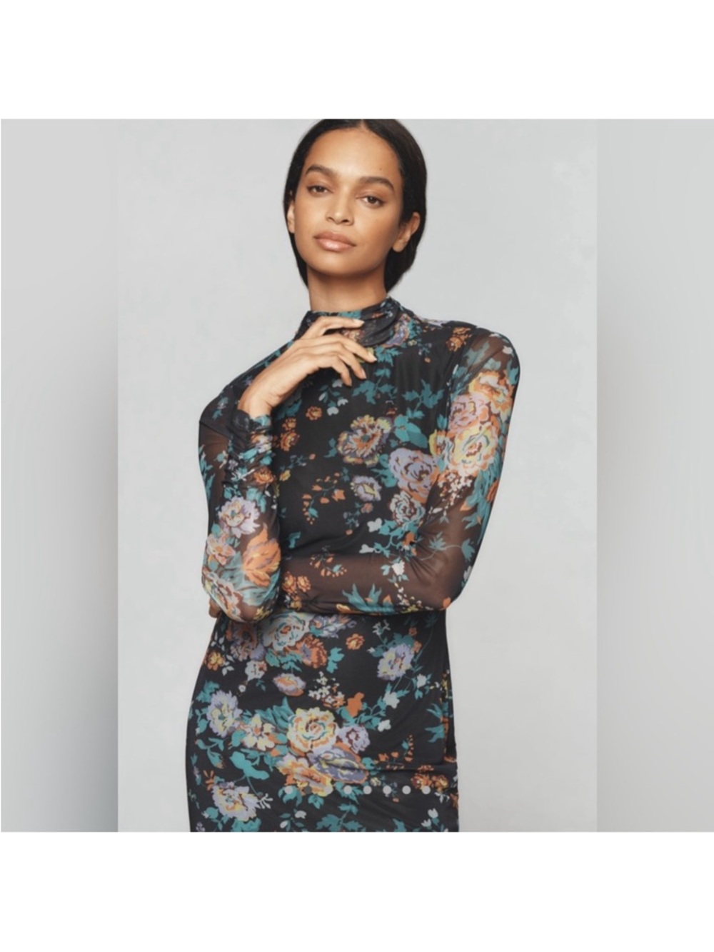ANTHROPOLOGIE Stretchy Mesh Floral Mock-neck Bodycon Maxi Dress sz XS Cocktail - Picture 2 of 11